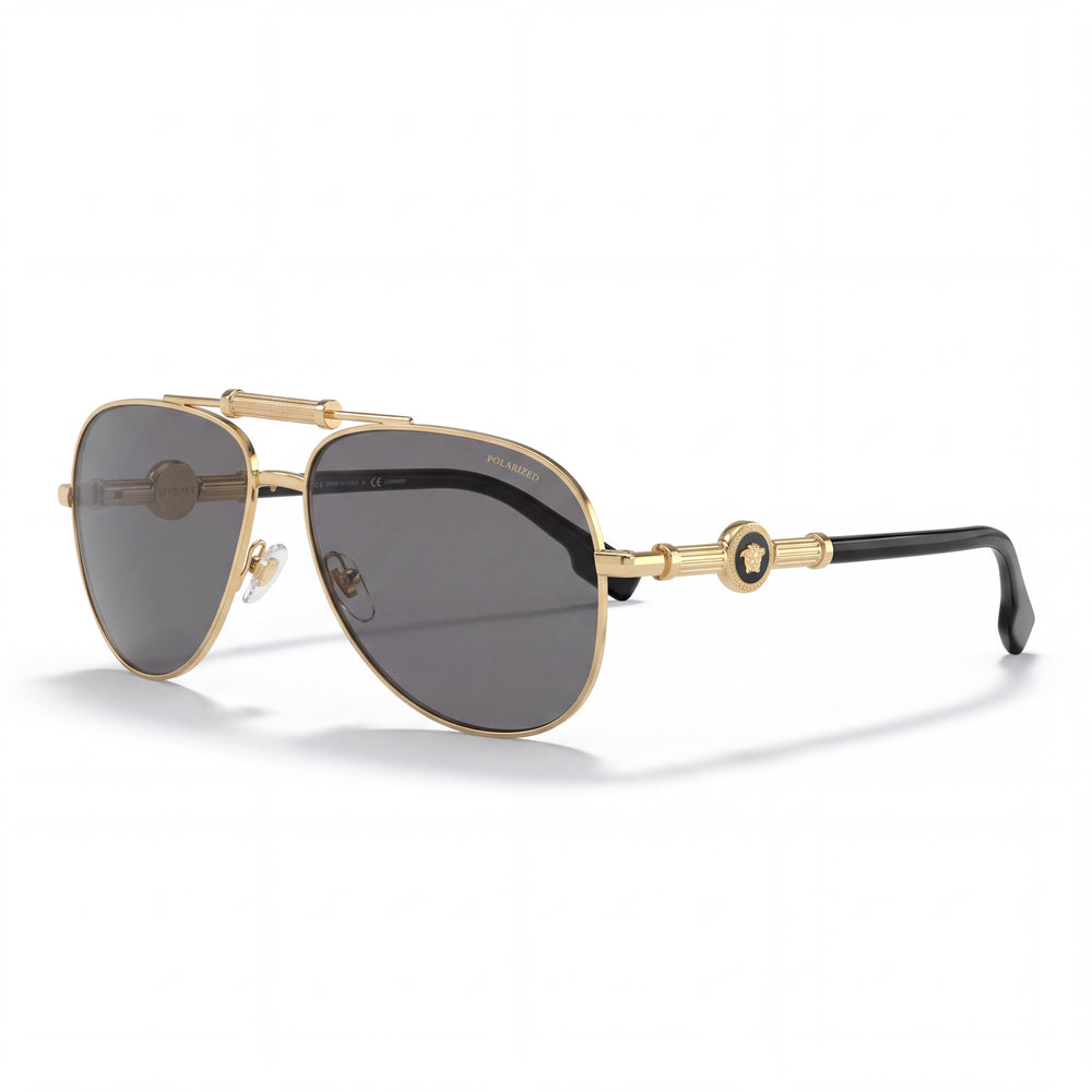 Gafas de sol Versace contemporáneas unisex con montura tipo piloto de metal dorado, lentes polarizadas con espejo gris, 59 mm, protección UV