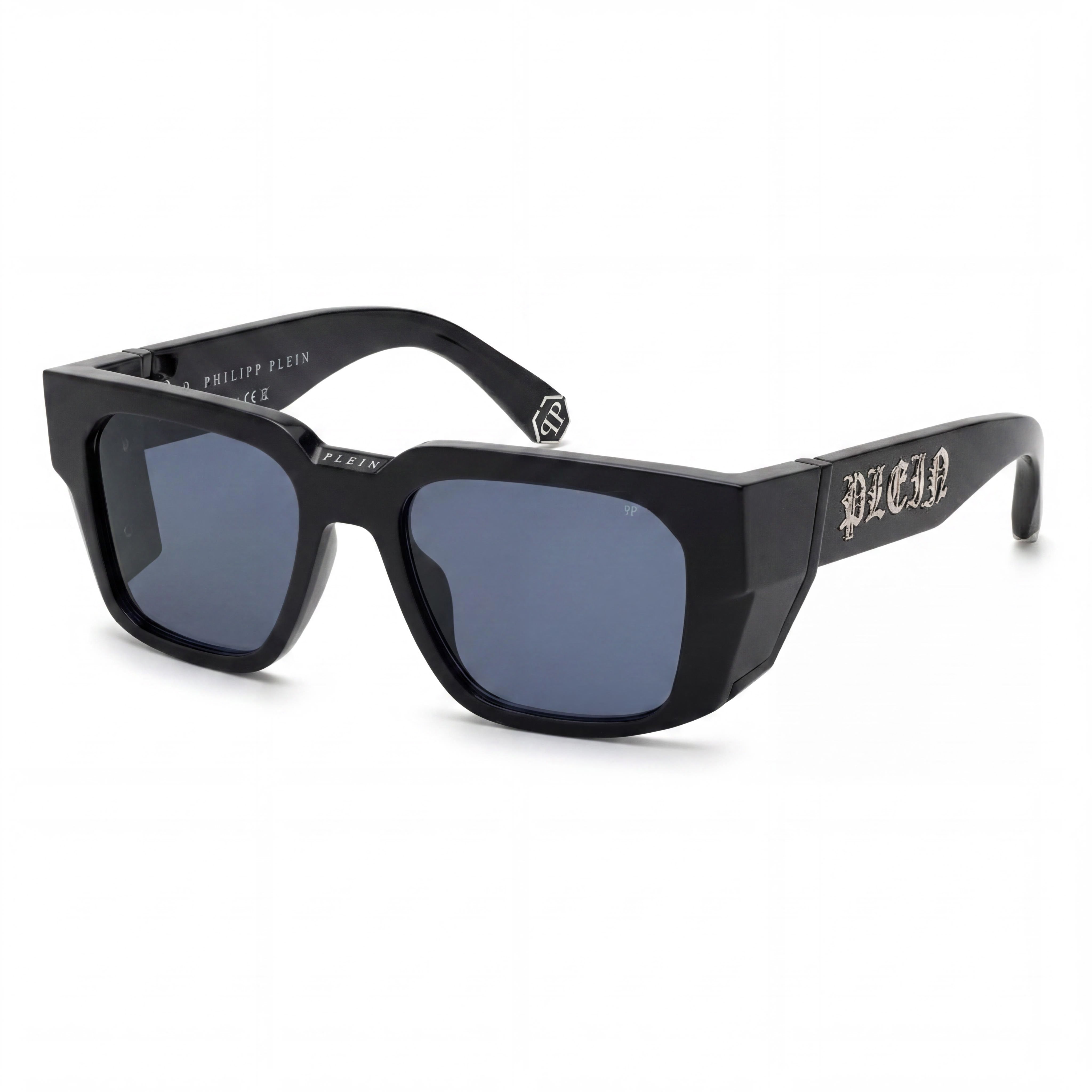 Philipp Plein Spp130m Men's Shiny Black Cellulose Acetate Frame Sunglasses with Blue Lenses and UV Protection 54-19-135, Photo 1
