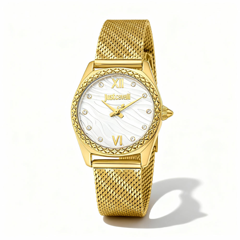 Reloj de cuarzo Just Cavalli Animalier para mujer, de oro amarillo, acero inoxidable, esfera gris plateada, 30 mm