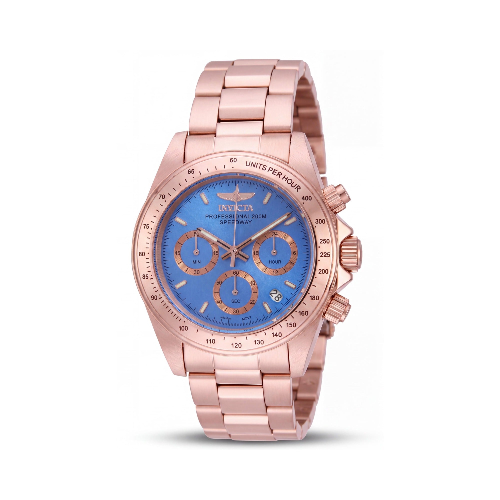 Invicta Bracelet Unisex Light Blue Dial 18K Rose Gold Ion-Plated Stainless Steel Chronograph Glow In The Dark Watch, Photo 1