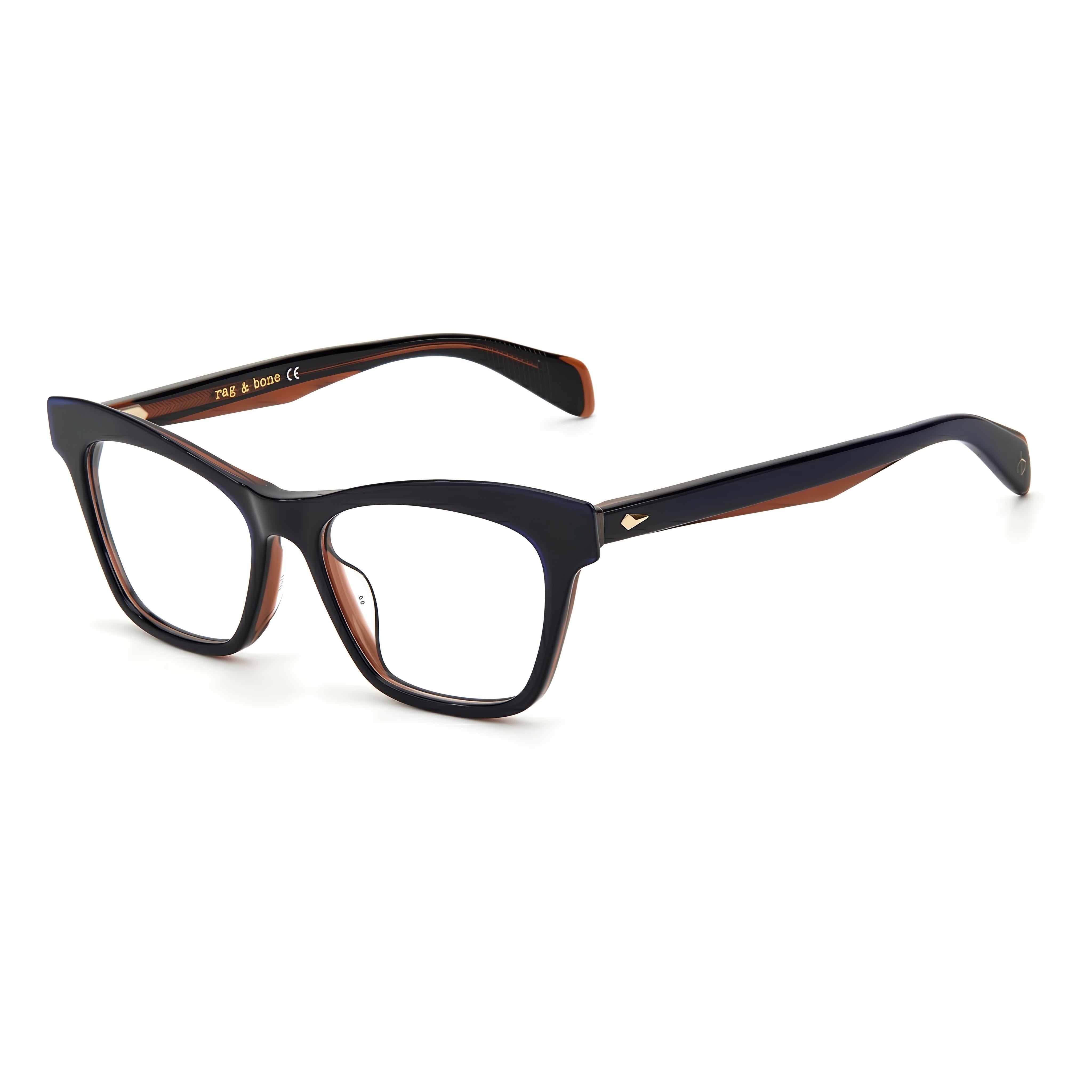 Rag & Bone Cat Eye Eyeglasses for Unisex, Blue Brown Plastic Frame with Light Adaptive Lenses, Size 51-17-140, Photo 1