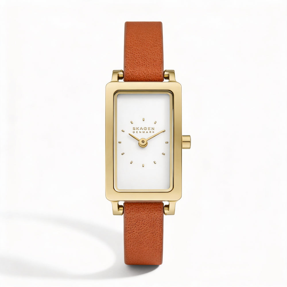 SKAGEN DINAMARCA Reloj Hagen Lille para mujer, de cuarzo, de 22 mm, con caja rectangular de acero inoxidable dorado y piel marrón