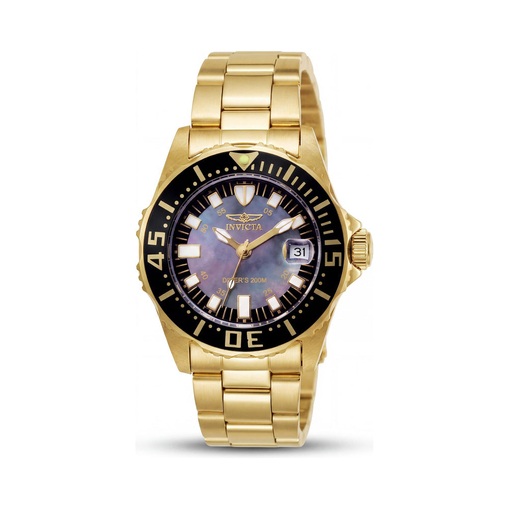 Invicta Pro Diver 2962 Reloj de Acero Inoxidable Chapado en Oro de 30 mm para Mujer, Esfera de Nácar Negro, Bisel Negro