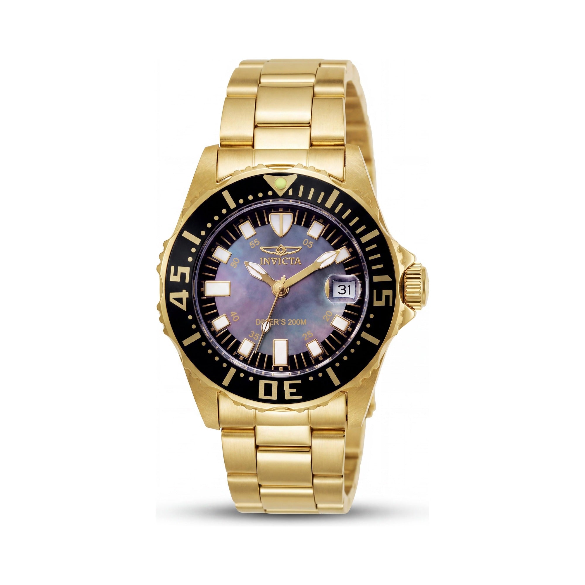 Invicta Pro Diver 2962 Reloj de Acero Inoxidable Chapado en Oro de 30 mm para Mujer, Esfera de Nácar Negro, Bisel Negro, Photo 1