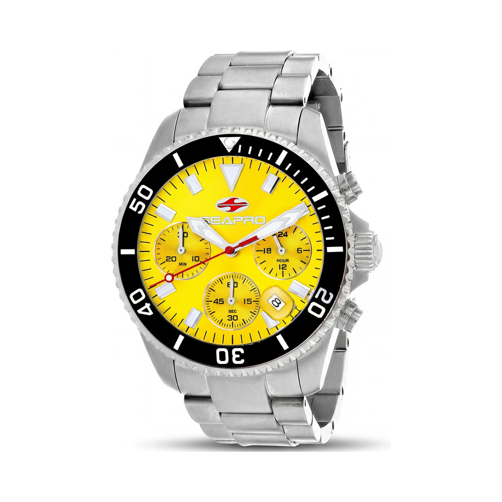 Reloj Seapro para hombre con cronógrafo de cuarzo, esfera amarilla, acero inoxidable, mineral resistente a arañazos, resistente al agua hasta 200 m.