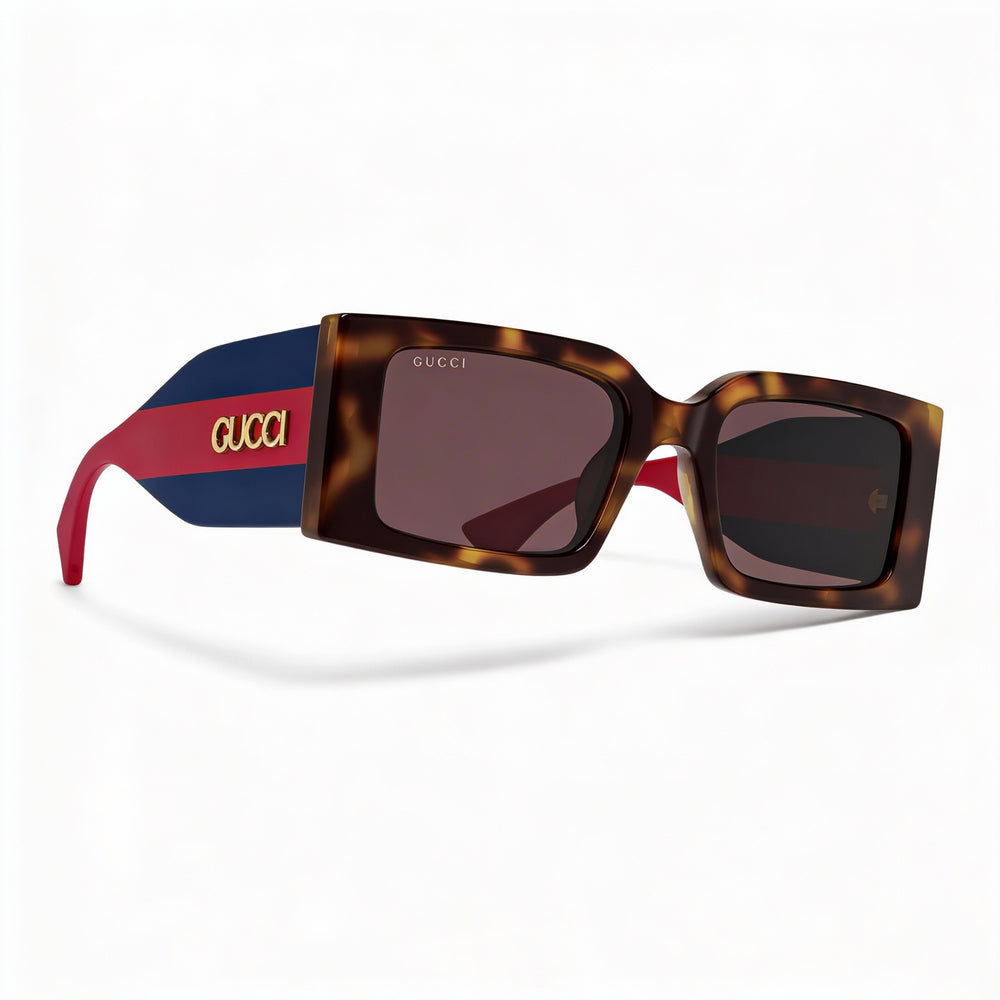 Gucci Classic Women's Rectangle Acetate Frame Non-Polarized Sunglasses Havana Red Blue Multicolor Lens 52mm