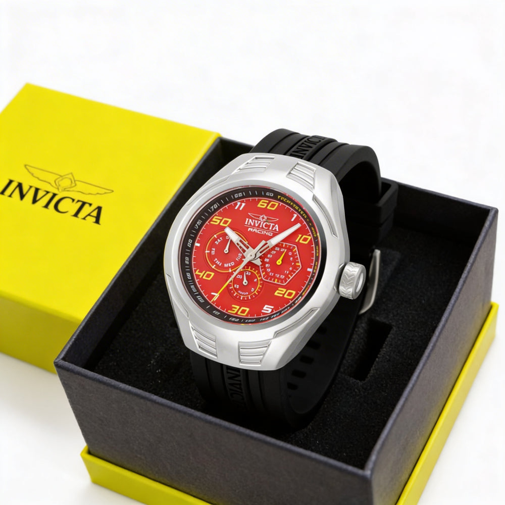 Reloj cronógrafo Invicta Racing 47727 de 46 mm con esfera roja de acero inoxidable y correa de silicona