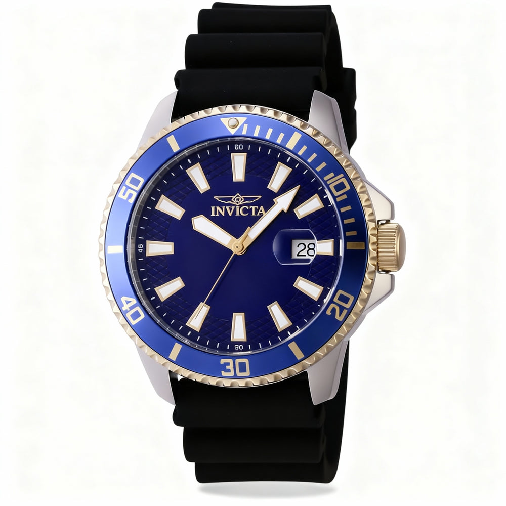 Invicta Pro Diver 46133 Men's Quartz 45mm Silver Stainless Steel Watch with Blue Dial, Silicone Strap, 50m WR