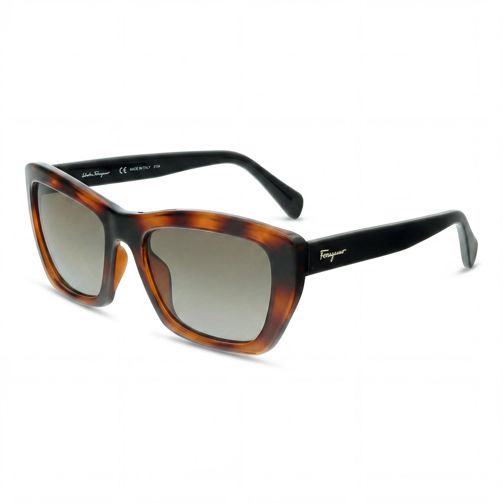 Gafas de sol Ferragamo SF958S 214 para mujer, estilo ojo de gato, con montura completa y lentes marrones inyectadas en carey, 55 mm