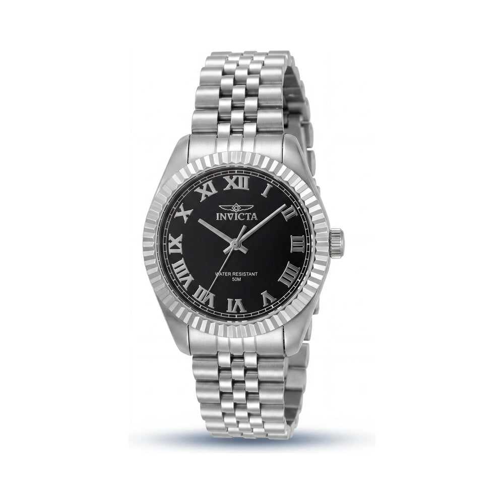 Reloj Invicta Specialty 47408 unisex de acero inoxidable plateado con esfera negra y pulsera resistente al agua de 36 mm.