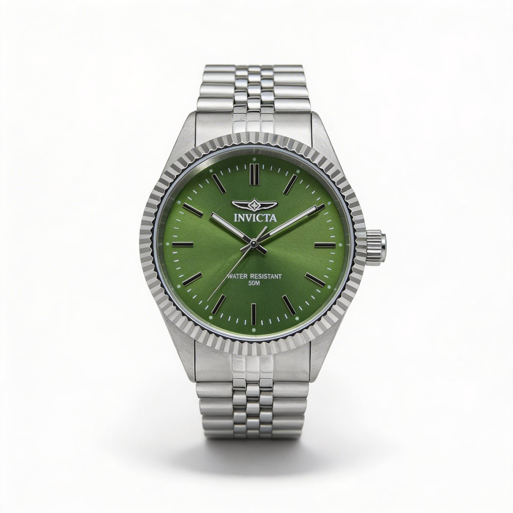 Reloj Invicta Specialty 49313 para hombre, esfera verde, acero inoxidable plateado, cuarzo, 43 mm, resistente al agua hasta 5 ATM
