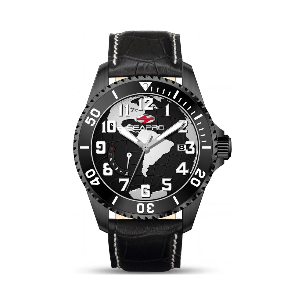 Seapro strap Men's Black Dial Quartz Watch with Stainless Steel Case, Leather Strap, Water Resistant & Scratch Resistant Mineral