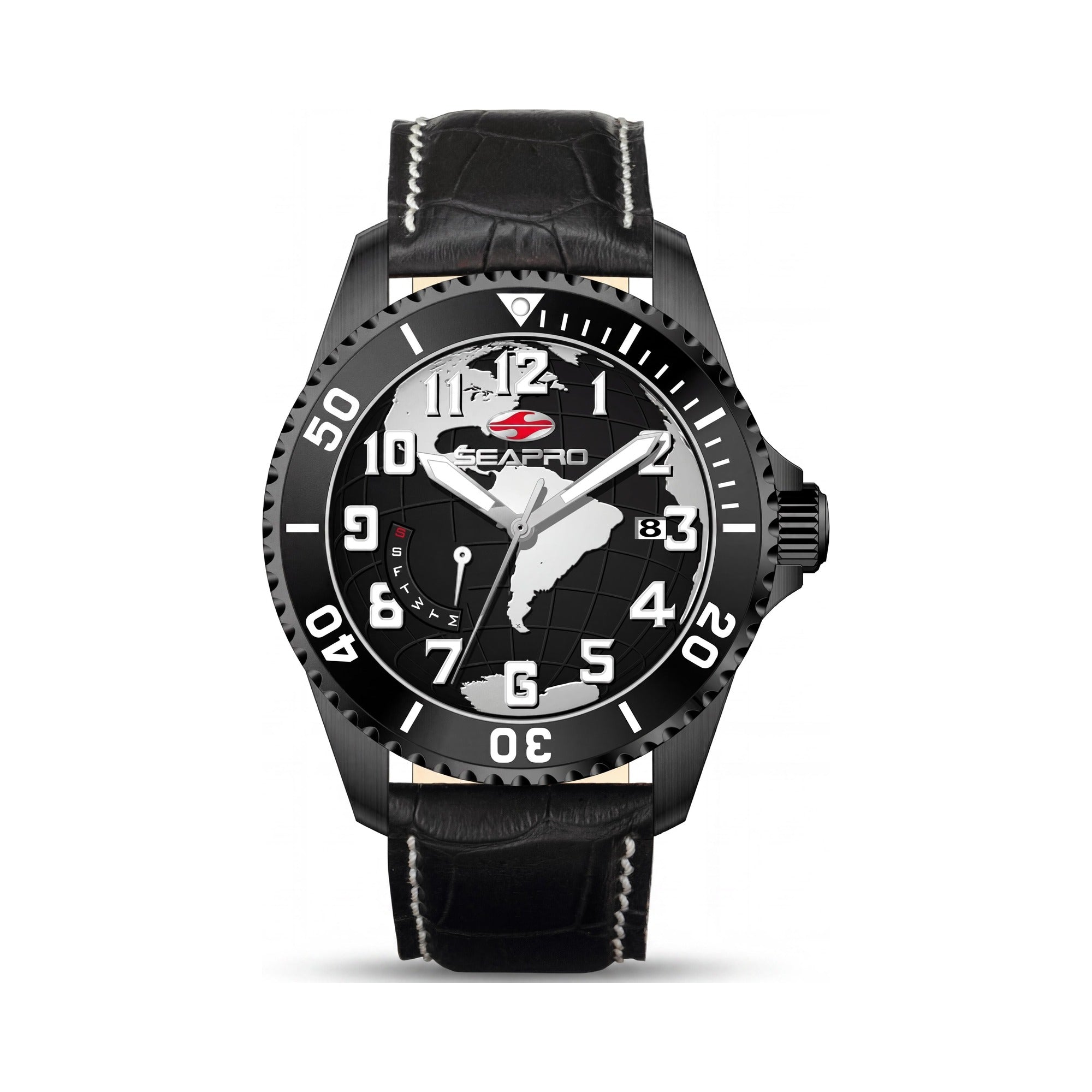 Reloj de cuarzo Seapro para hombre con esfera negra, caja de acero inoxidable, correa de piel, mineral resistente al agua y a los arañazos., Photo 1