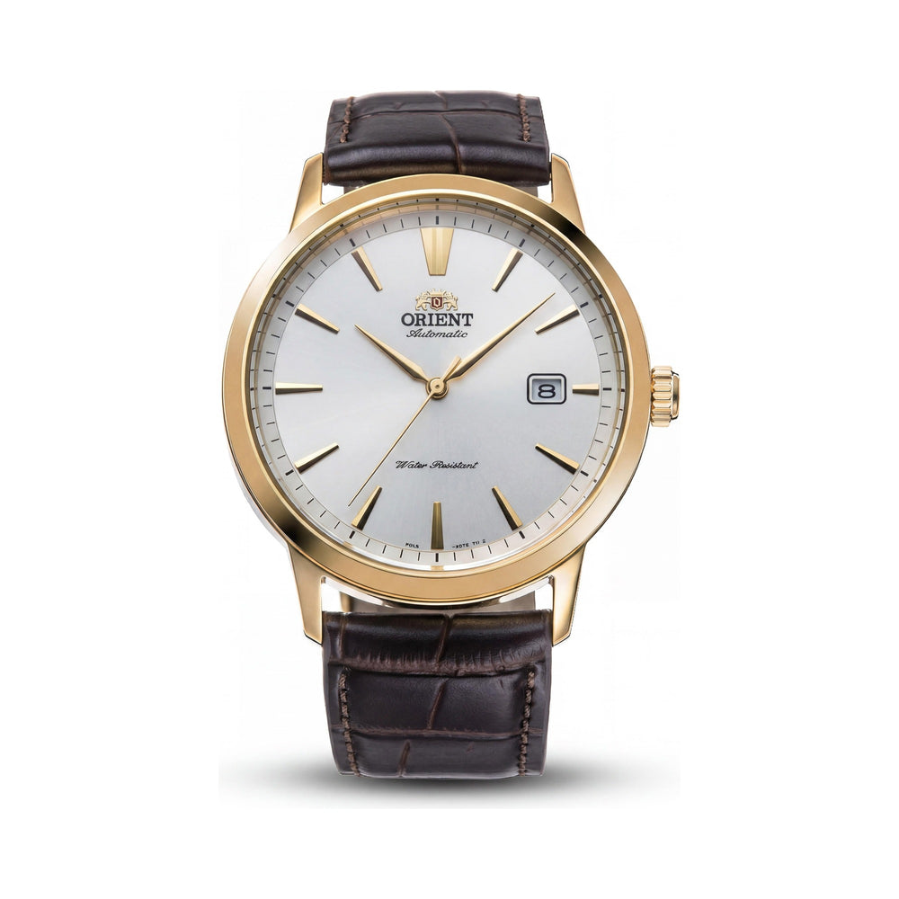 Orient Symphony III Men's Casual Watch with Gold Stainless Steel Case, Light Grey Dial, Chocolate Brown Leather Strap, 42mm
