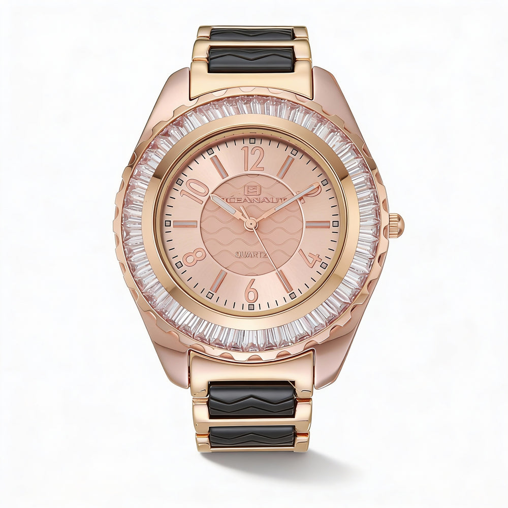 Reloj de cuarzo Oceanaut para mujer, con pulsera, caja y esfera en tono oro rosa y bisel con cristales engastados.