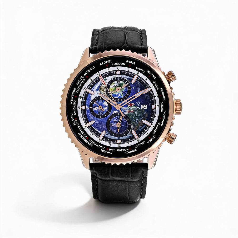 Seapro Modern Men's Blue Dial World Time Quartz Watch with Stainless Steel Case & Leather Strap, 100m Water Resistant