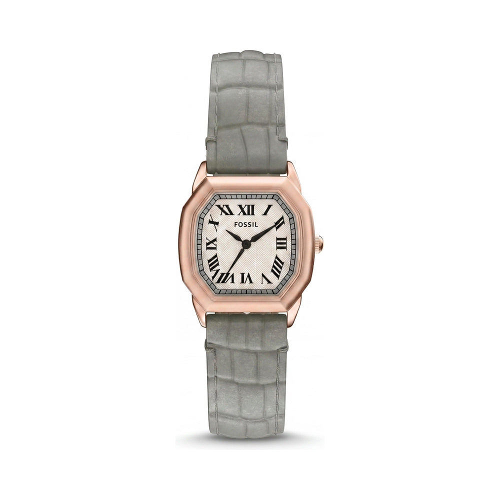 Reloj FOSSIL para mujer de 27 mm con caja octogonal de acero inoxidable en oro rosa, esfera texturizada y correa de piel de cocodrilo gris.