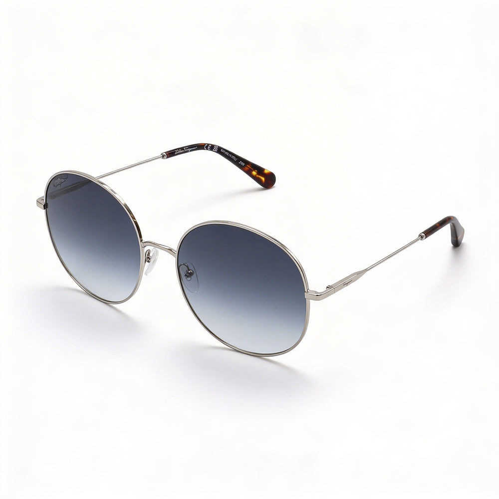Salvatore Ferragamo Classic Women's Round Shiny Silver Metal Blue Non-Polarized UV Protection Sunglasses 60mm