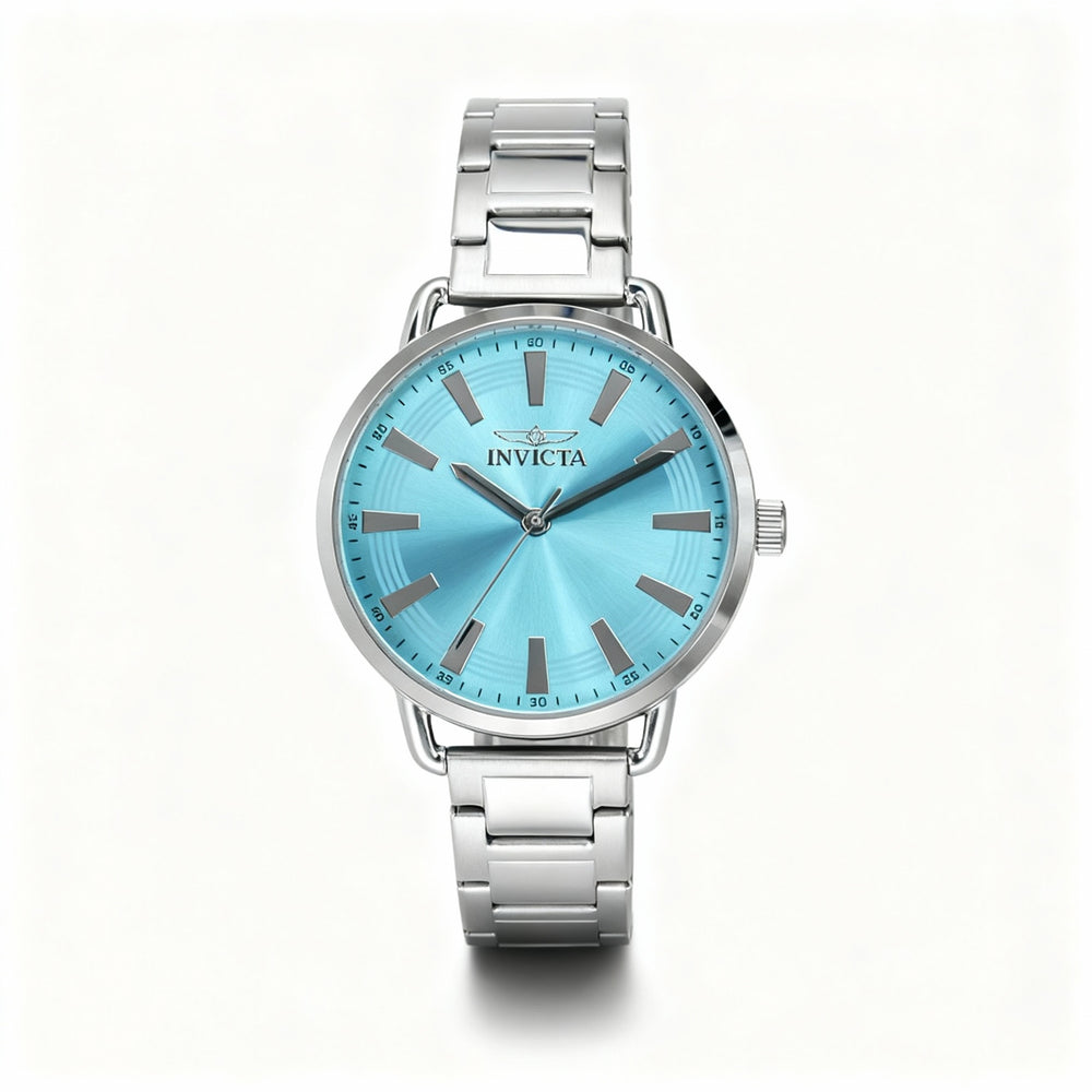 Reloj de cuarzo unisex Invicta Wildflower 47321 con caja de acero inoxidable de 38 mm, esfera azul y pulsera plateada.