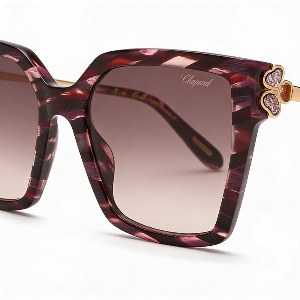 Gafas de sol Chopard casuales de mujer a rayas color burdeos de acetato de celulosa, lentes degradadas marrones, protección UV 56-18-135