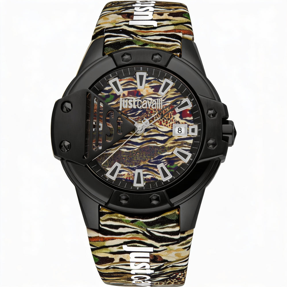 Just Cavalli Fashion Women's Waterproof Watch, Black Camouflage Stainless Steel Case with Leather Strap