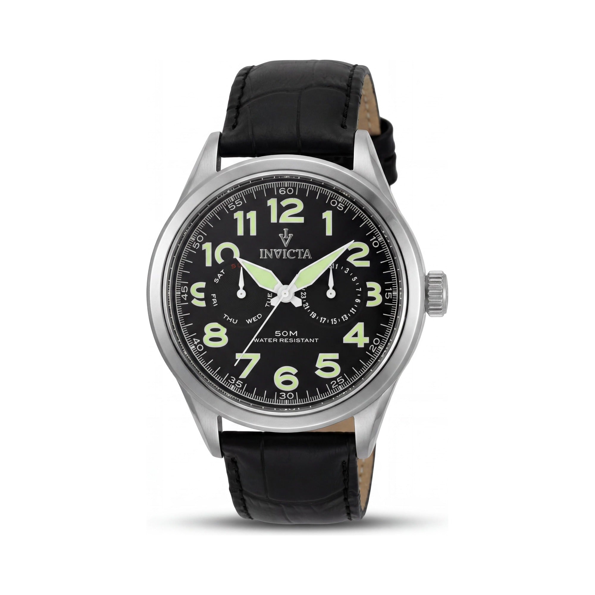 Reloj Invicta Casual para hombre, de cuarzo, acero inoxidable, cuero y esfera negra con pantalla luminosa, resistencia al agua de 50 m, 45 mm, Photo 1