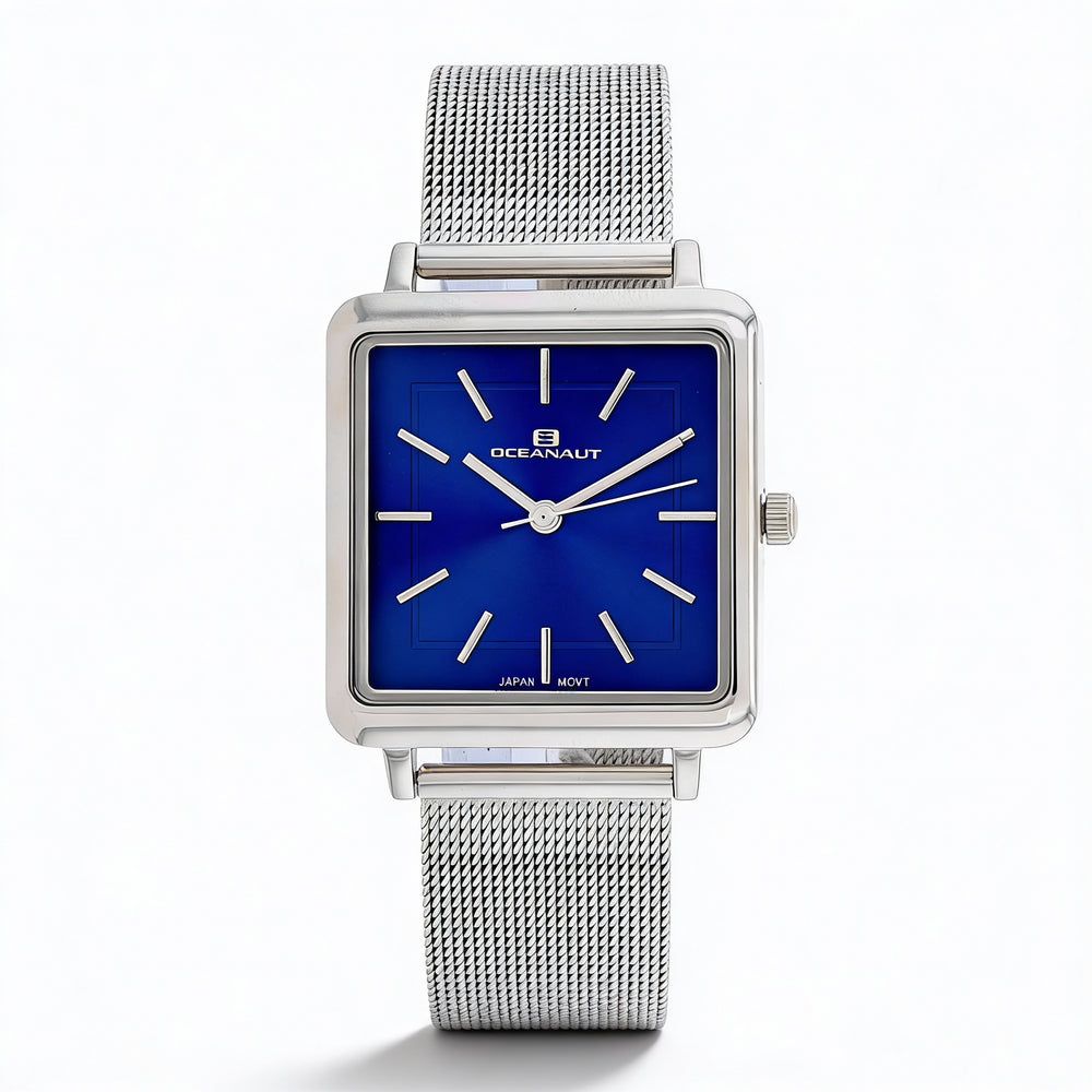 Reloj de cuarzo Oceanaut para mujer, acero inoxidable, esfera azul plateada, resistente al agua, cristal mineral resistente a arañazos.