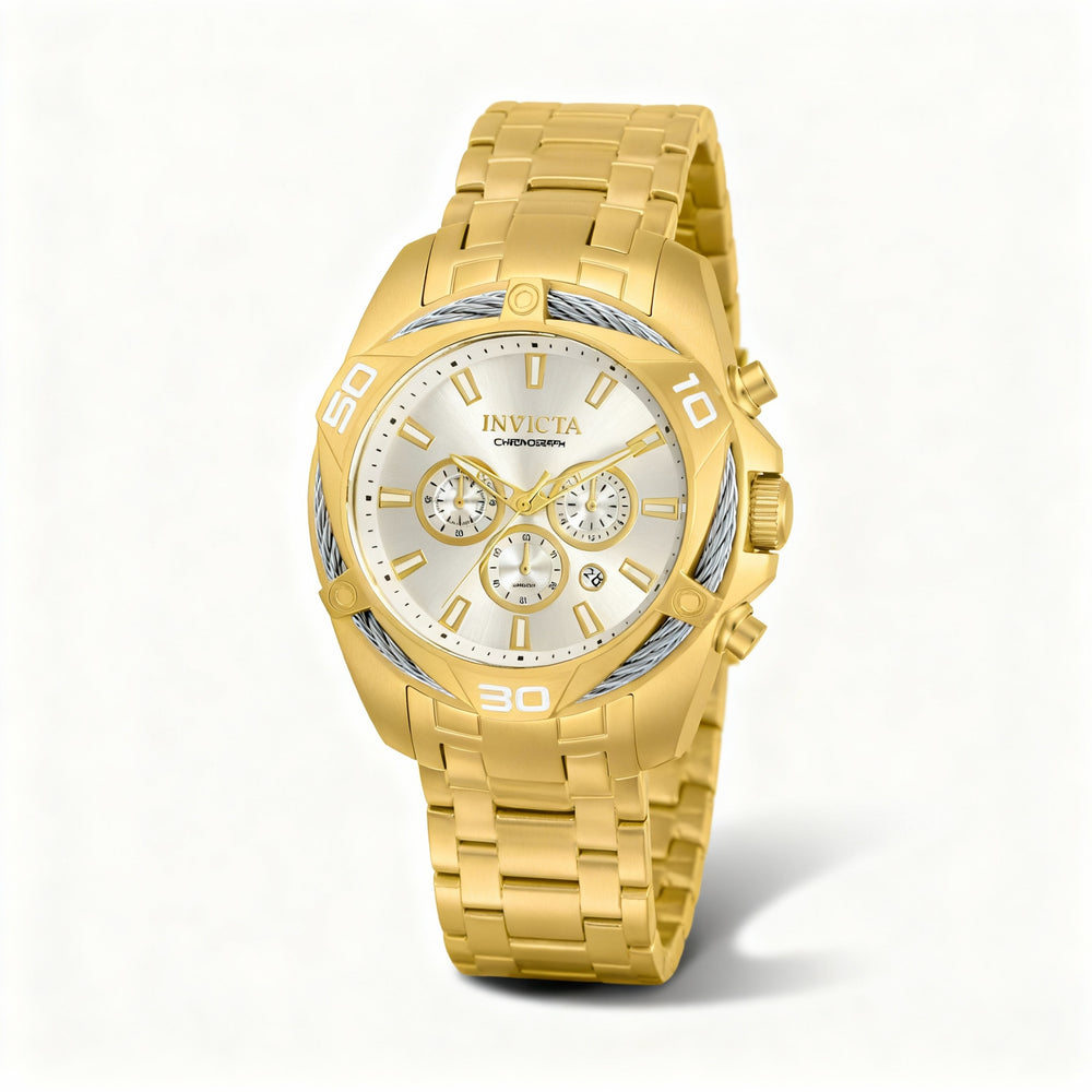Reloj cronógrafo Invicta Bolt de acero inoxidable dorado para hombre con correa de pulsera, caja de 50 mm y cristal Flame Fusion.