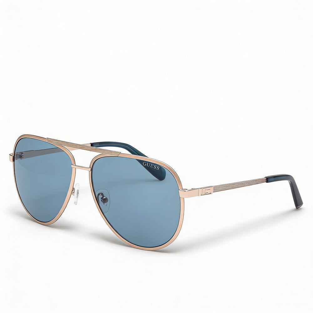 Guess Women's Aviator Striped Metal Sunglasses, Pale Gold Frame, Blue Lenses, UV Protection, 61mm