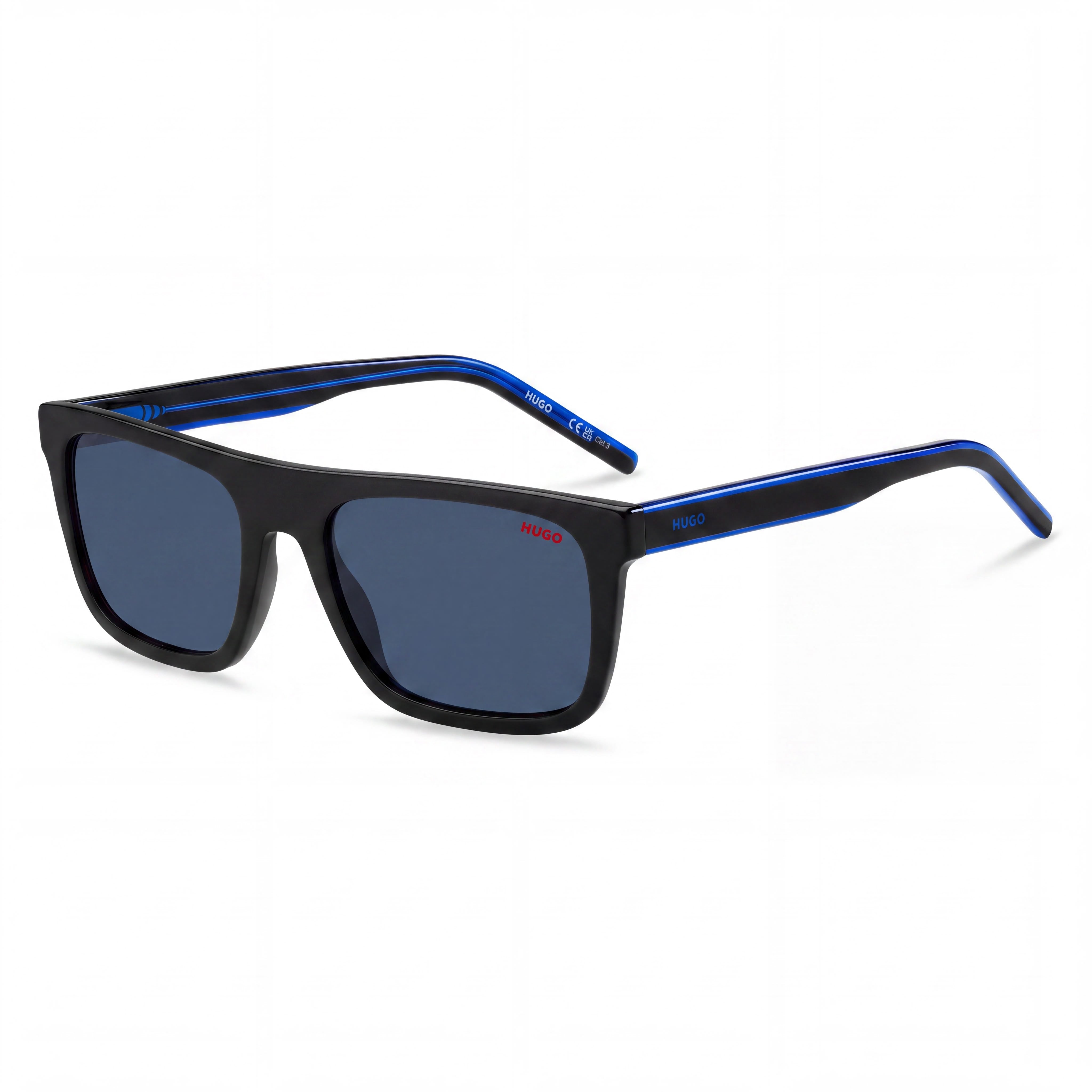 Gafas de sol HUGO informales para hombre de acetato ecológico, negras y azules, no polarizadas, con 100 % de protección UV, 54 mm, Photo 1