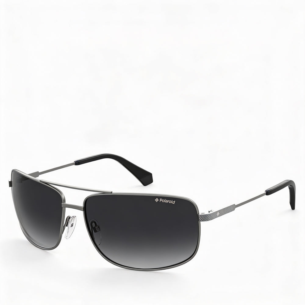 Polaroid Men's Rectangular Polarized UV Stainless Steel Sunglasses, Semi Matte Ruthenium Frame, Gray Lens, 63-14-130mm