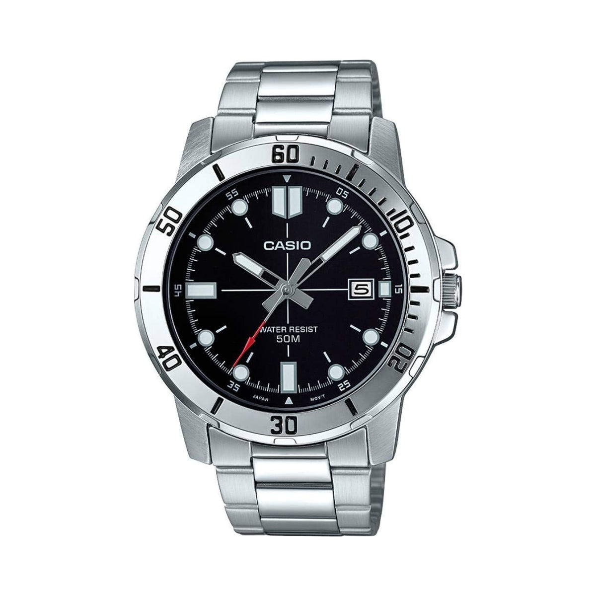 Reloj Casio MTP-VD01D-1EVUDF para hombre, 45 mm, cuarzo analógico, de acero inoxidable plateado con esfera negra y luminiscente, Photo 1
