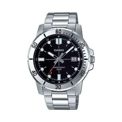 Reloj Casio MTP-VD01D-1EVUDF para hombre, 45 mm, cuarzo analógico, de acero inoxidable plateado con esfera negra y luminiscente