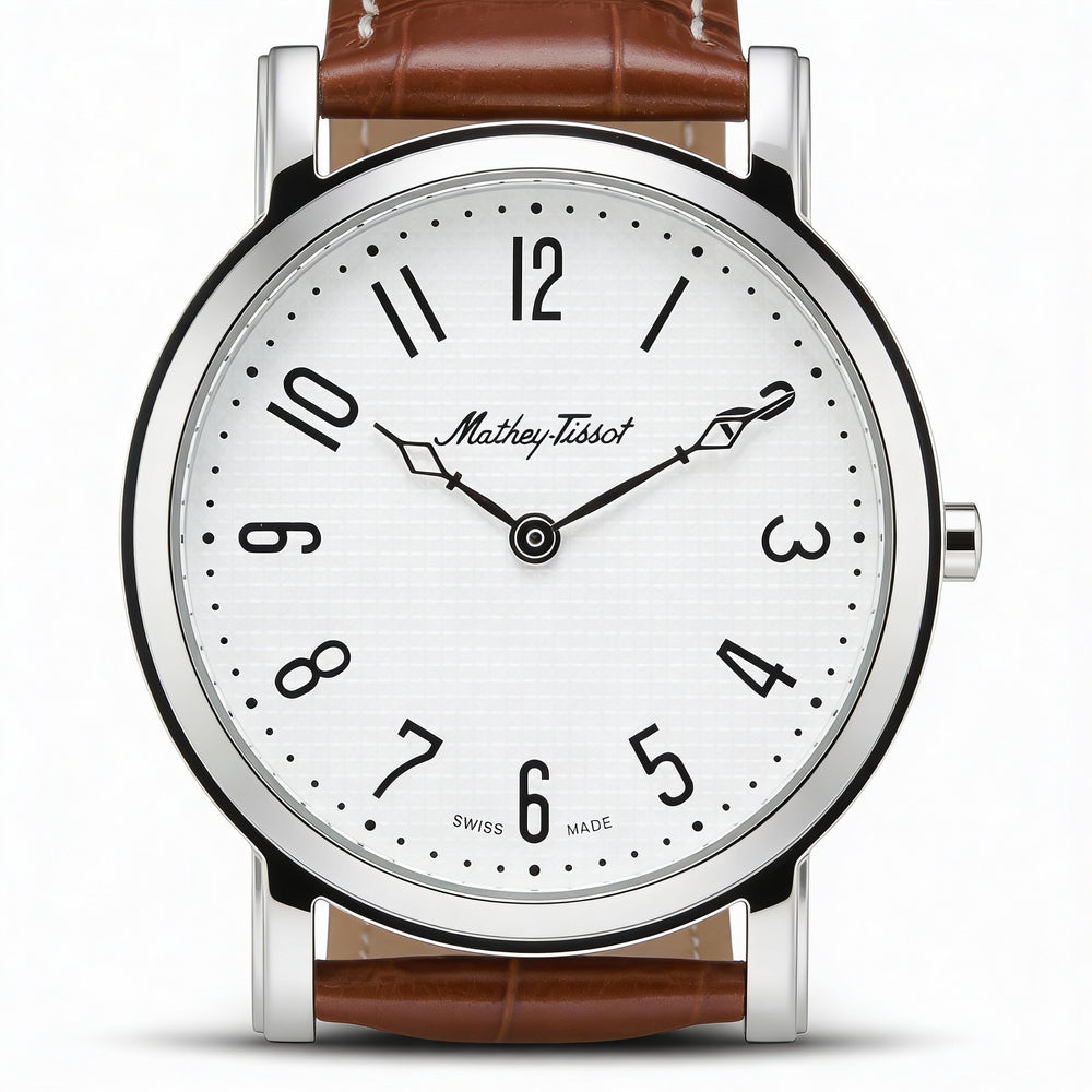 Mathey-Tissot Quartz Movement Men's White Dial Round Stainless Steel Leather Water Resistant Watch