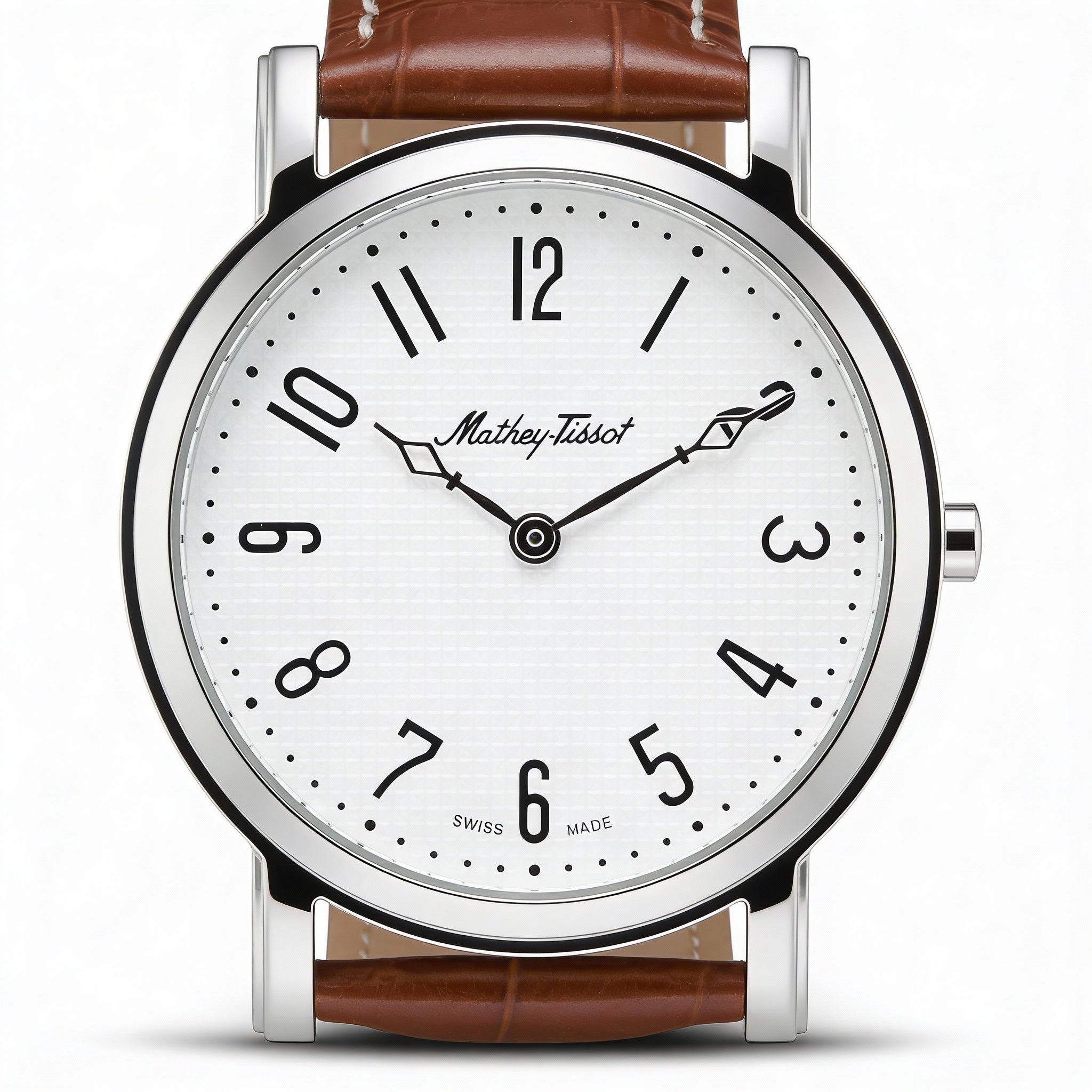 Mathey-Tissot Quartz Movement Men's White Dial Round Stainless Steel Leather Water Resistant Watch, Photo 1