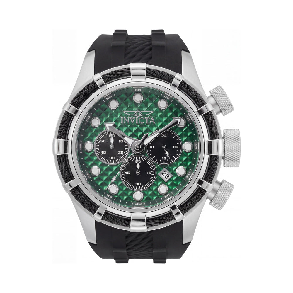 Invicta Bolt 49165 Reloj unisex de cuarzo cronógrafo, caja de acero inoxidable plateada de 50 mm, esfera verde, correa de silicona