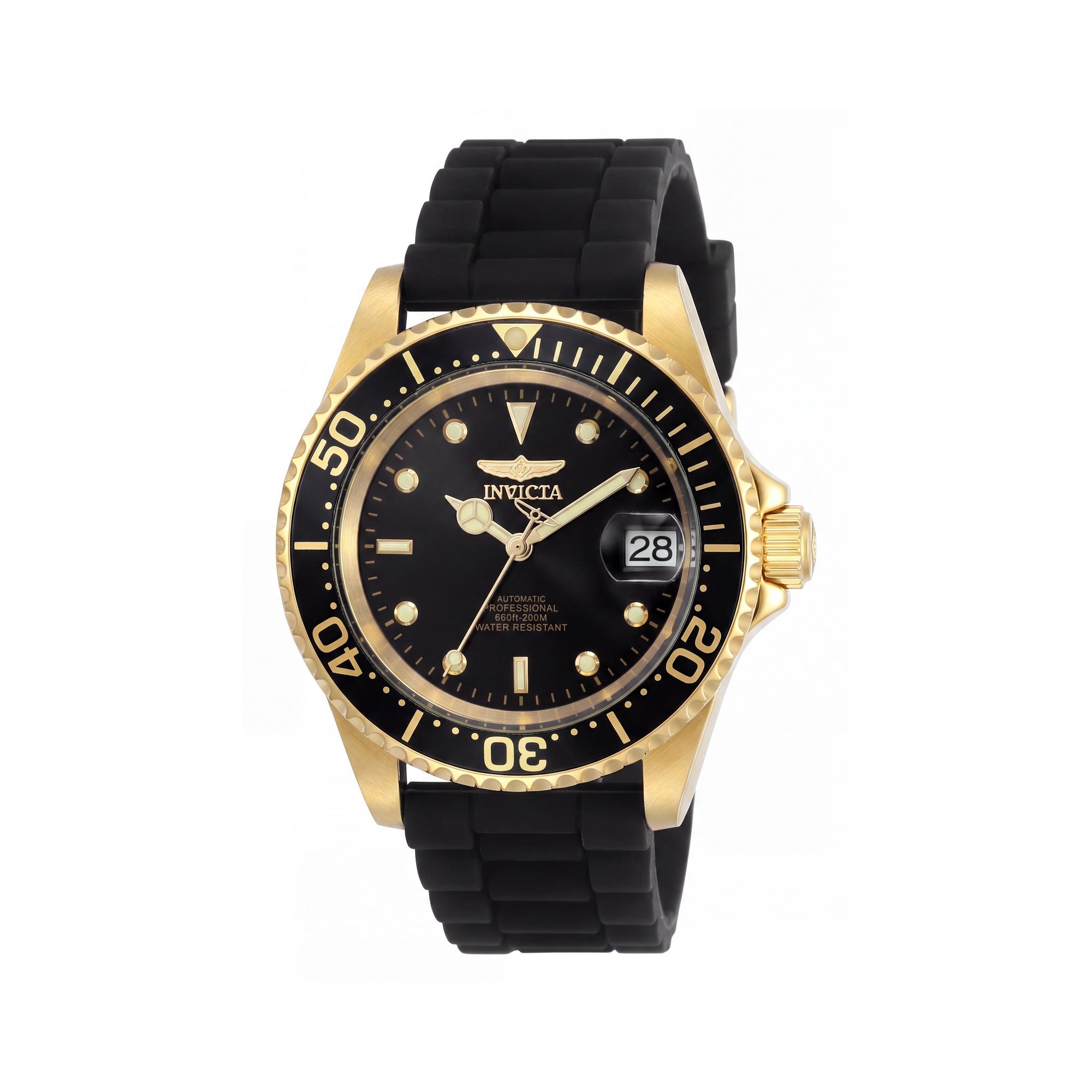 Invicta Pro Diver Sports Men's 40mm Automatic Stainless Steel Watch with Black Gold Frame, Black Dial, 200m Water Resistant, Photo 1