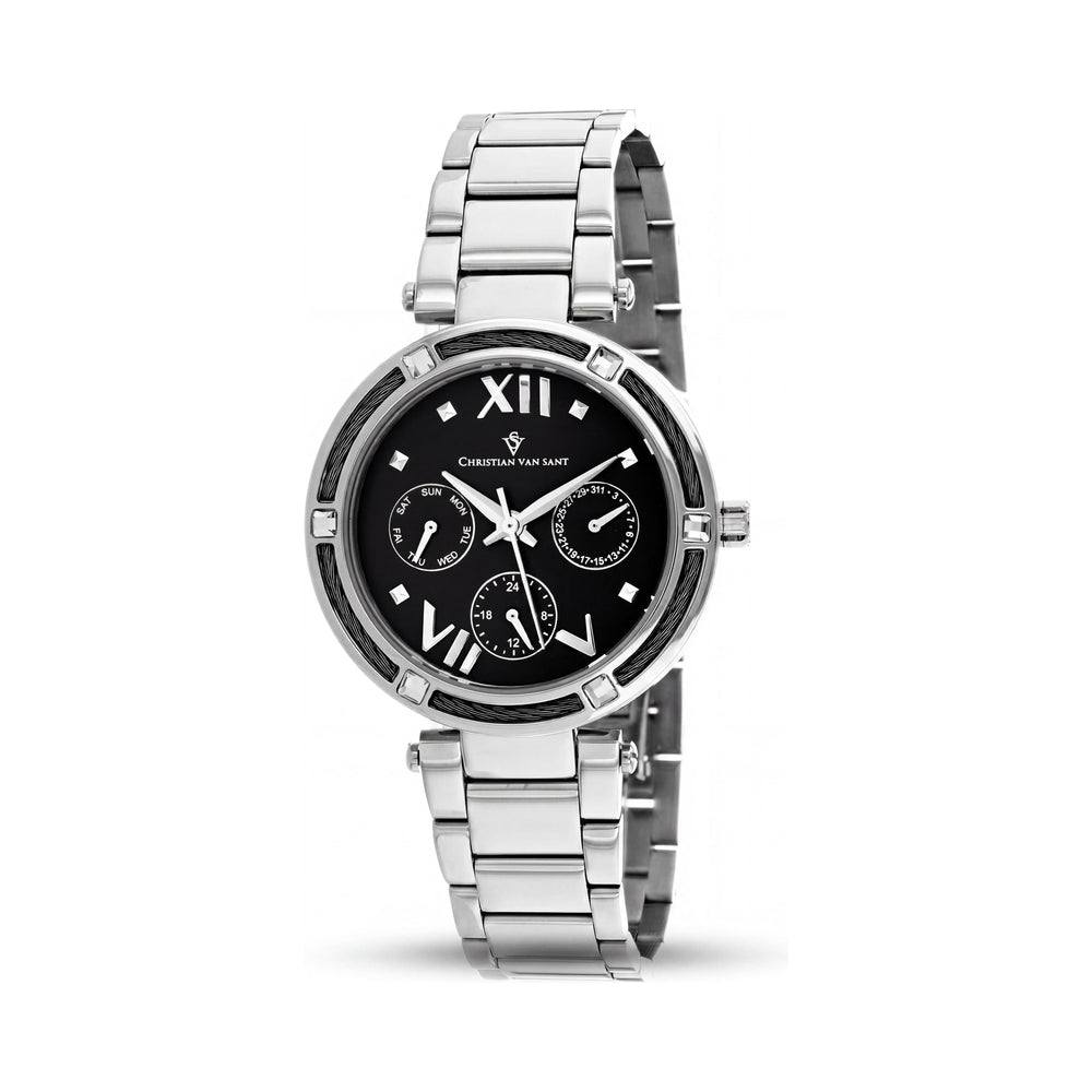 Reloj cronógrafo de pulsera Christian Van Sant para mujer con esfera negra y caja y pulsera de acero inoxidable