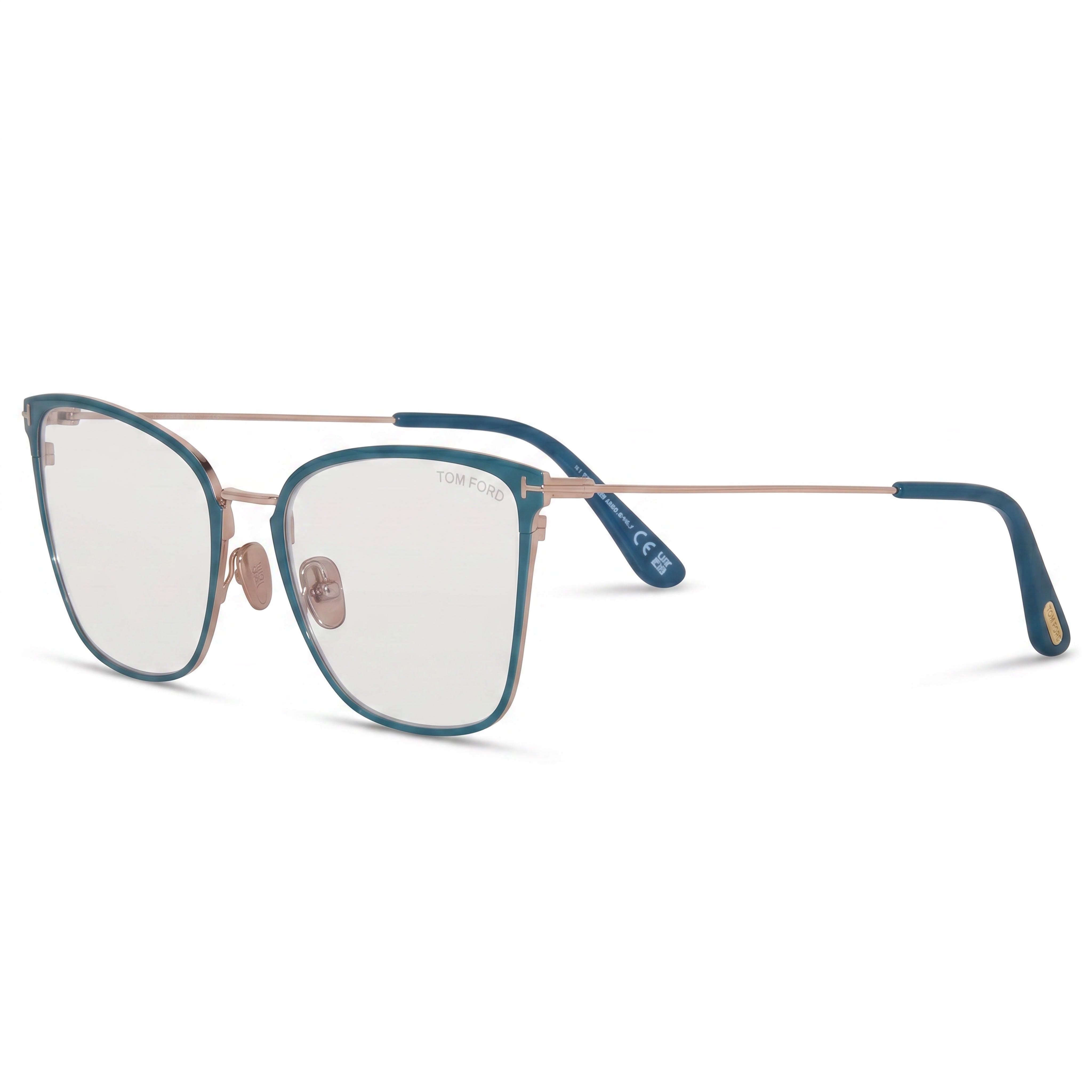 Gafas de vista Tom Ford TF5839-B para mujer, montura completa de metal con diseño de mariposa y bloque azul, color verde azulado brillante y logotipo dorado, 56-18-140 mm, Photo 1