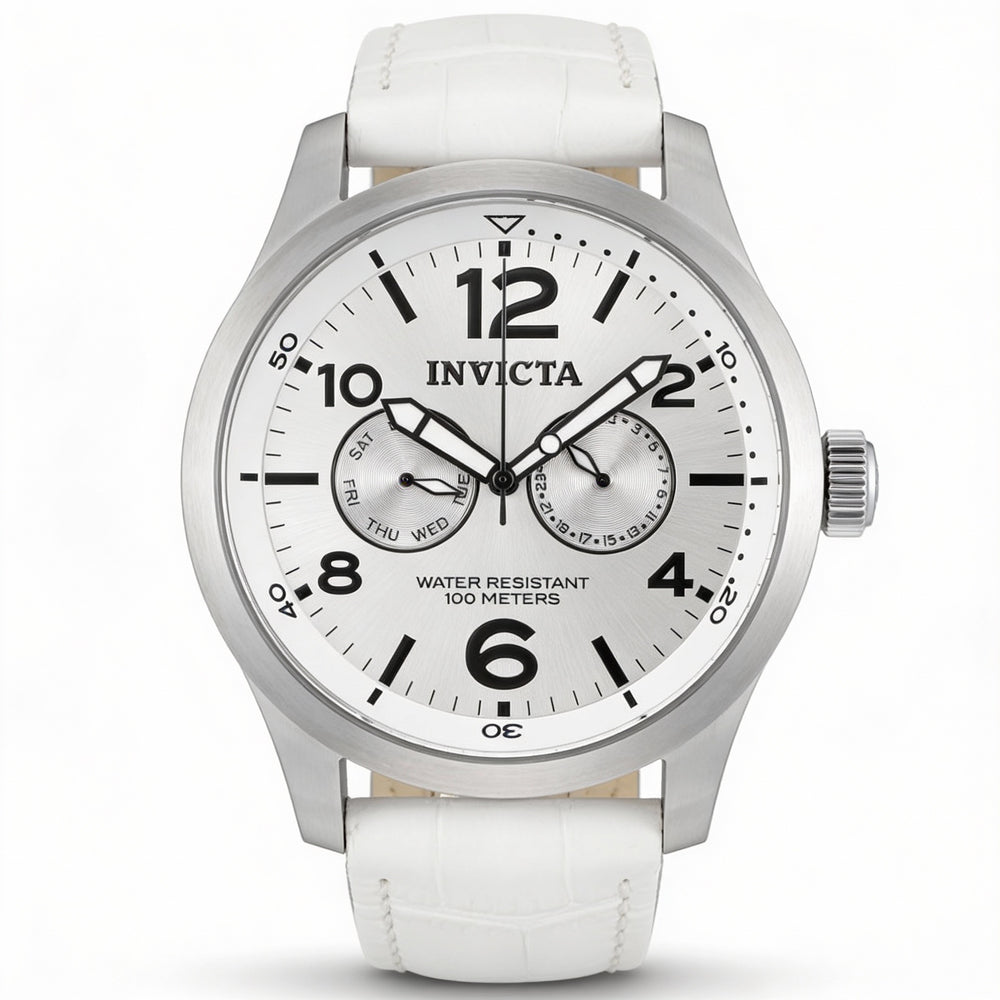 Invicta Specialty Military Unisex 48mm Stainless Steel Case White Leather Strap Stopwatch Luminous Watch
