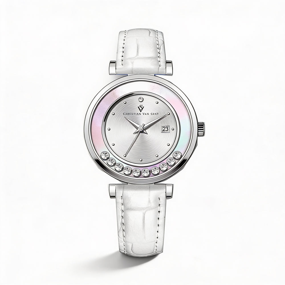 Reloj Christian Van Sant para mujer, resistente al agua, con caja de acero inoxidable plateado y correa de piel, movimiento de cuarzo.