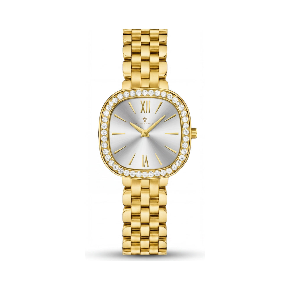 Christian Van Sant CV1266 Women's Gold-Tone Stainless Steel Square Case 24mm Quartz Watch with Silver Dial