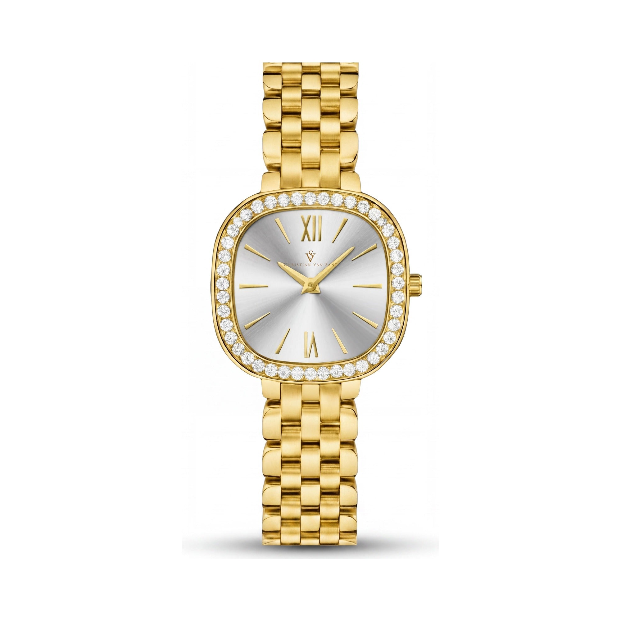 Christian Van Sant CV1266 Women's Gold-Tone Stainless Steel Square Case 24mm Quartz Watch with Silver Dial, Photo 1
