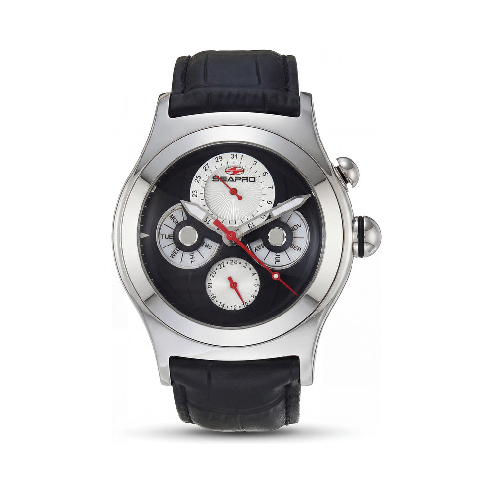 Seapro SP0131 correa Reloj de cuarzo multifunción negro para hombre con esfera negra, 50 m resistente al agua, cristal mineral resistente a los arañazos