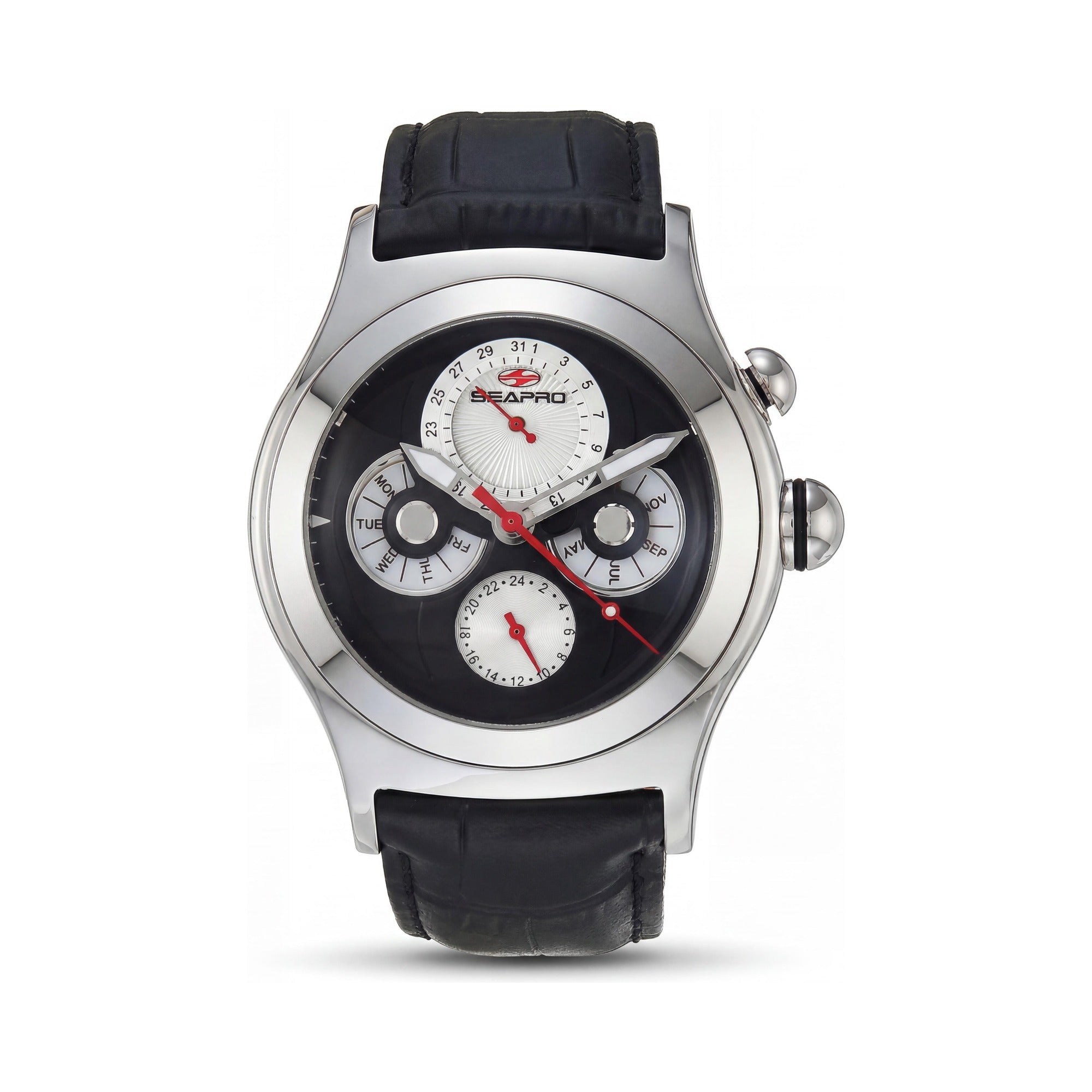 Seapro correa Reloj de cuarzo multifunción negro para hombre con esfera negra, 50 m resistente al agua, cristal mineral resistente a los arañazos, Photo 1