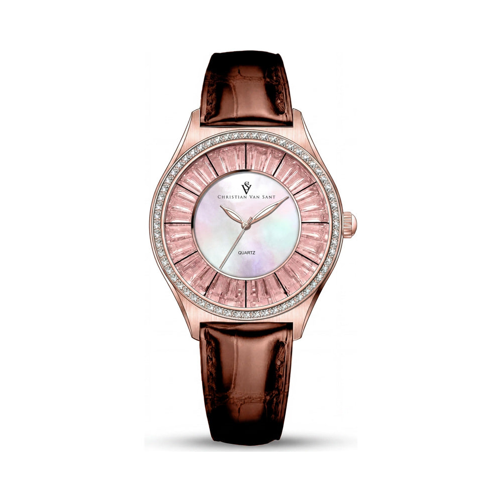 Reloj moderno Christian Van Sant para mujer, de acero inoxidable, con esfera de nácar y correa de piel, resistente al agua