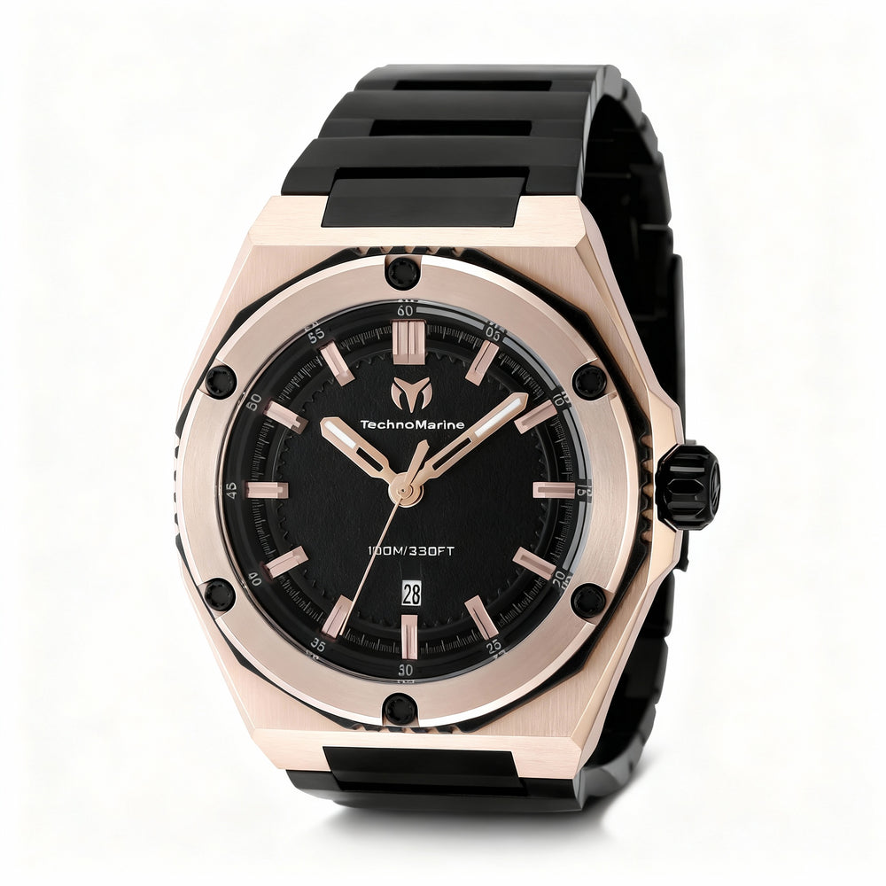 TechnoMarine CORAL - Legacy TM-416063 Reloj de pulsera de cuarzo de acero inoxidable para hombre con esfera negra de 45 mm