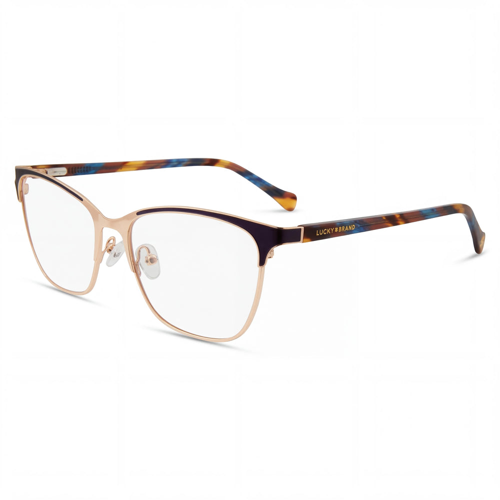Lucky Brand D114 Gafas de hombre de metal azul con montura completa, estilo ojo de gato, de policarbonato transparente, listas para receta, 53-16-140