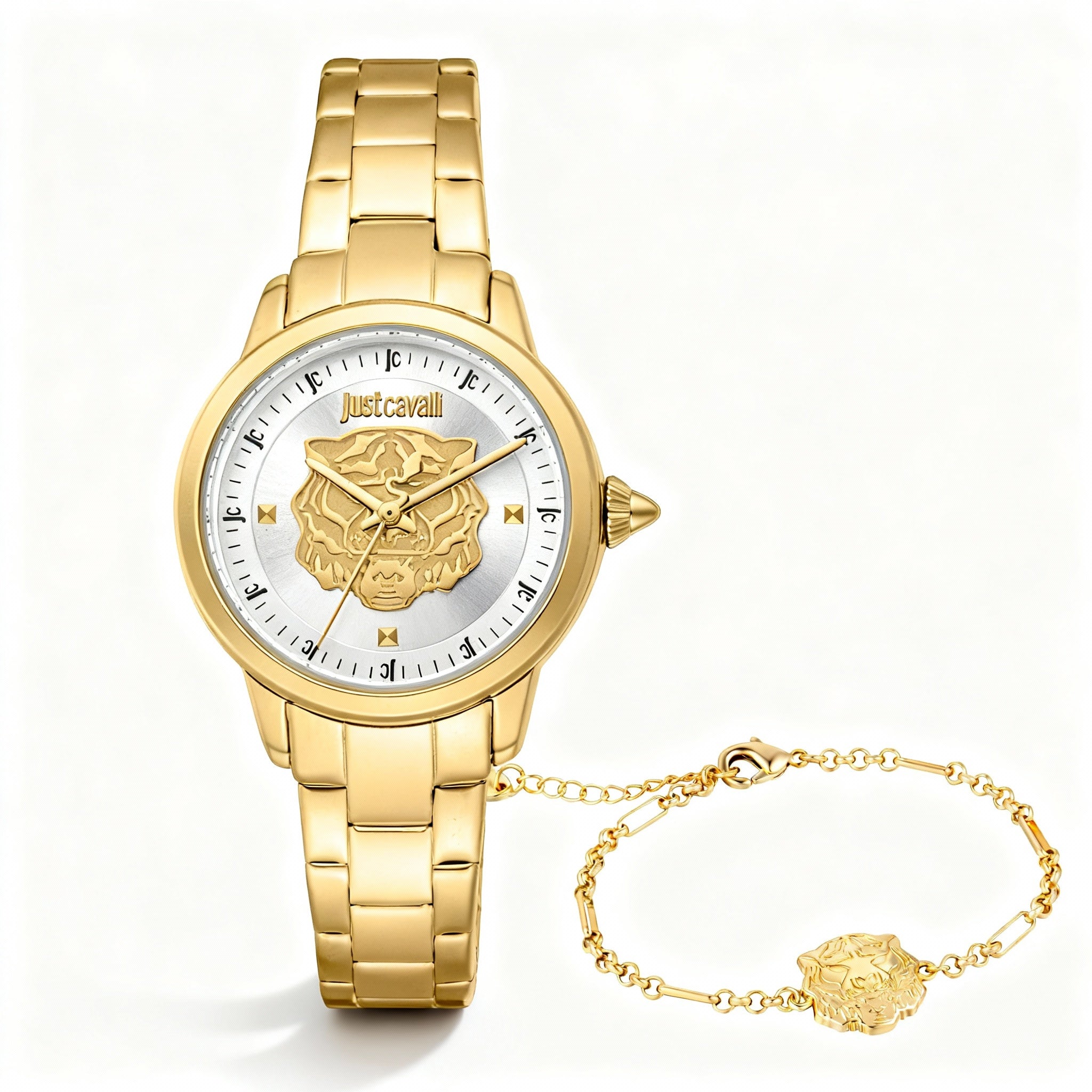 Just Cavalli Bracelet Women's Watch Set, 30mm Yellow Gold Stainless Steel, Silver Grey Dial