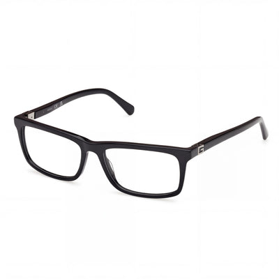 Gafas unisex Guess Gu50190 con montura de plástico negro brillante, lentes transparentes y ancho de lente de 58 mm.